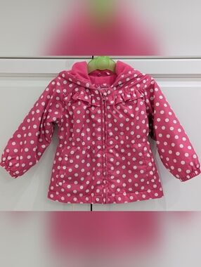 5/$35 London Fog Girls Polka Dot Jacket 2 Pink Hooded Fleece Lined Ruffle Coat